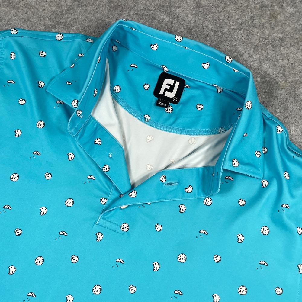 FootJoy Mens Polo Shirt Large Turquoise Blue Cookie Print Performance Stretch